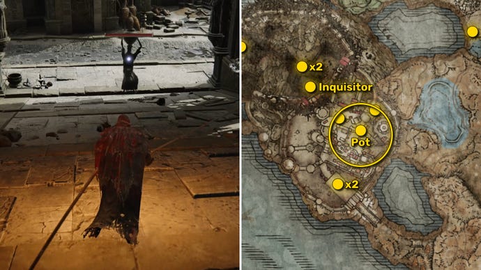 Two Elden Ring: Shadow Of The Erdtree screenshots side by side. Left: the location of a Revered Spirit Ash collectible. Right: the location of that same Revered Spirit Ash on the map.
