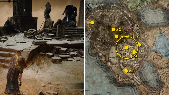 Two Elden Ring: Shadow Of The Erdtree screenshots side by side. Left: the location of a Revered Spirit Ash collectible. Right: the location of that same Revered Spirit Ash on the map.