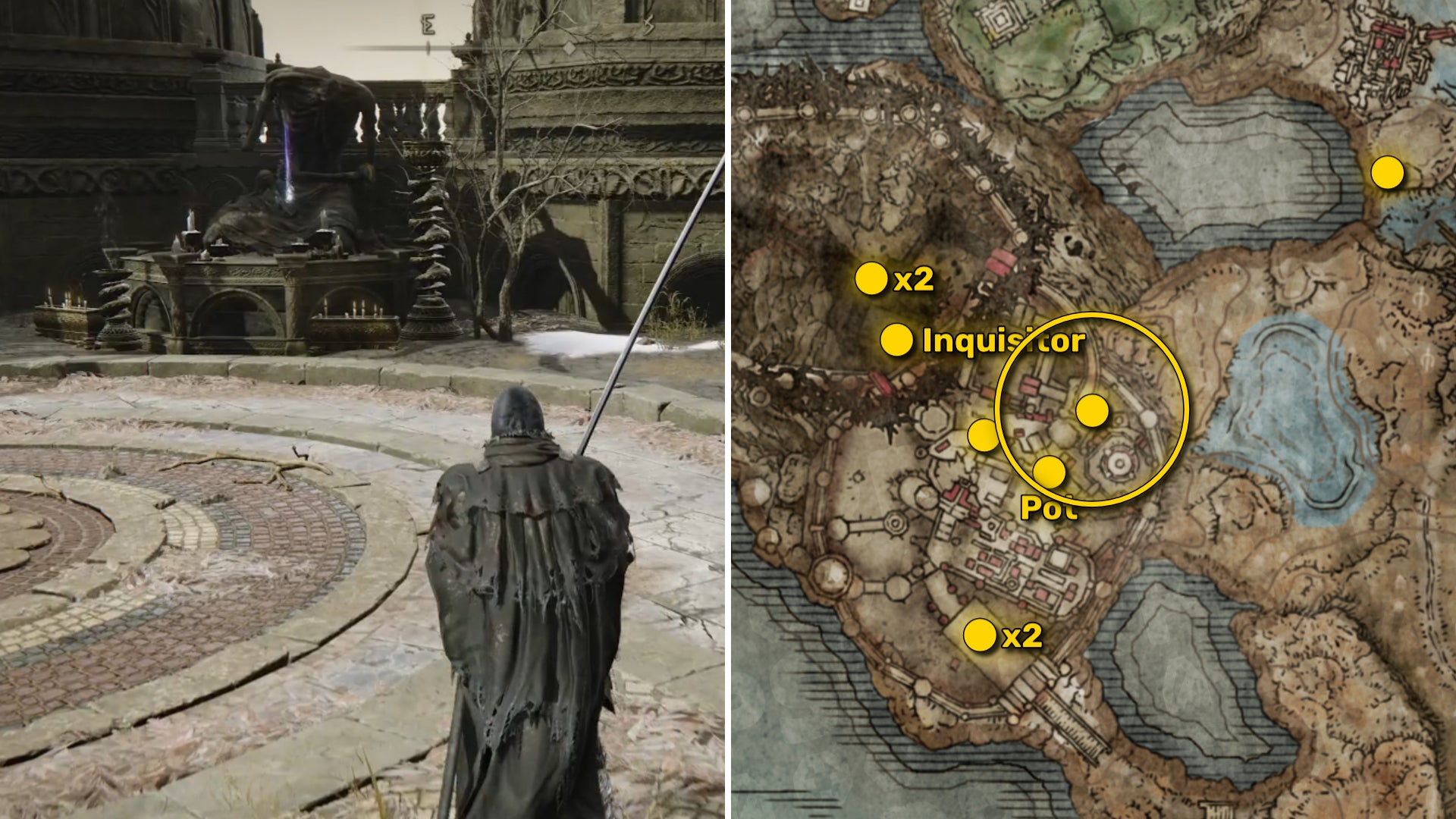 Two Elden Ring: Shadow Of The Erdtree screenshots side by side. Left: the location of a Revered Spirit Ash collectible. Right: the location of that same Revered Spirit Ash on the map. - 11