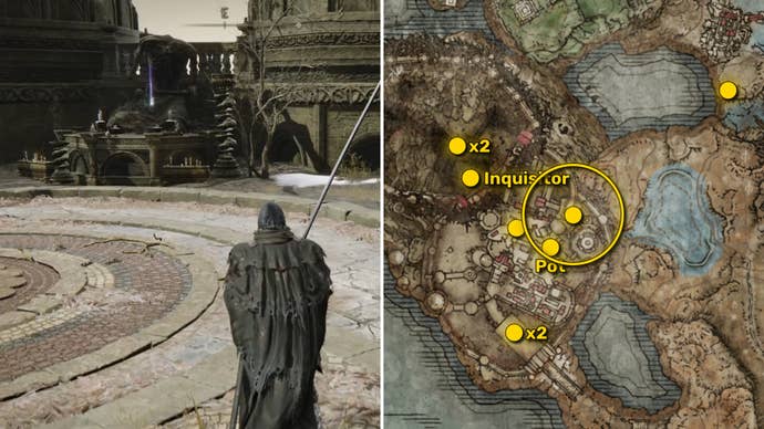 Two Elden Ring: Shadow Of The Erdtree screenshots side by side. Left: the location of a Revered Spirit Ash collectible. Right: the location of that same Revered Spirit Ash on the map.