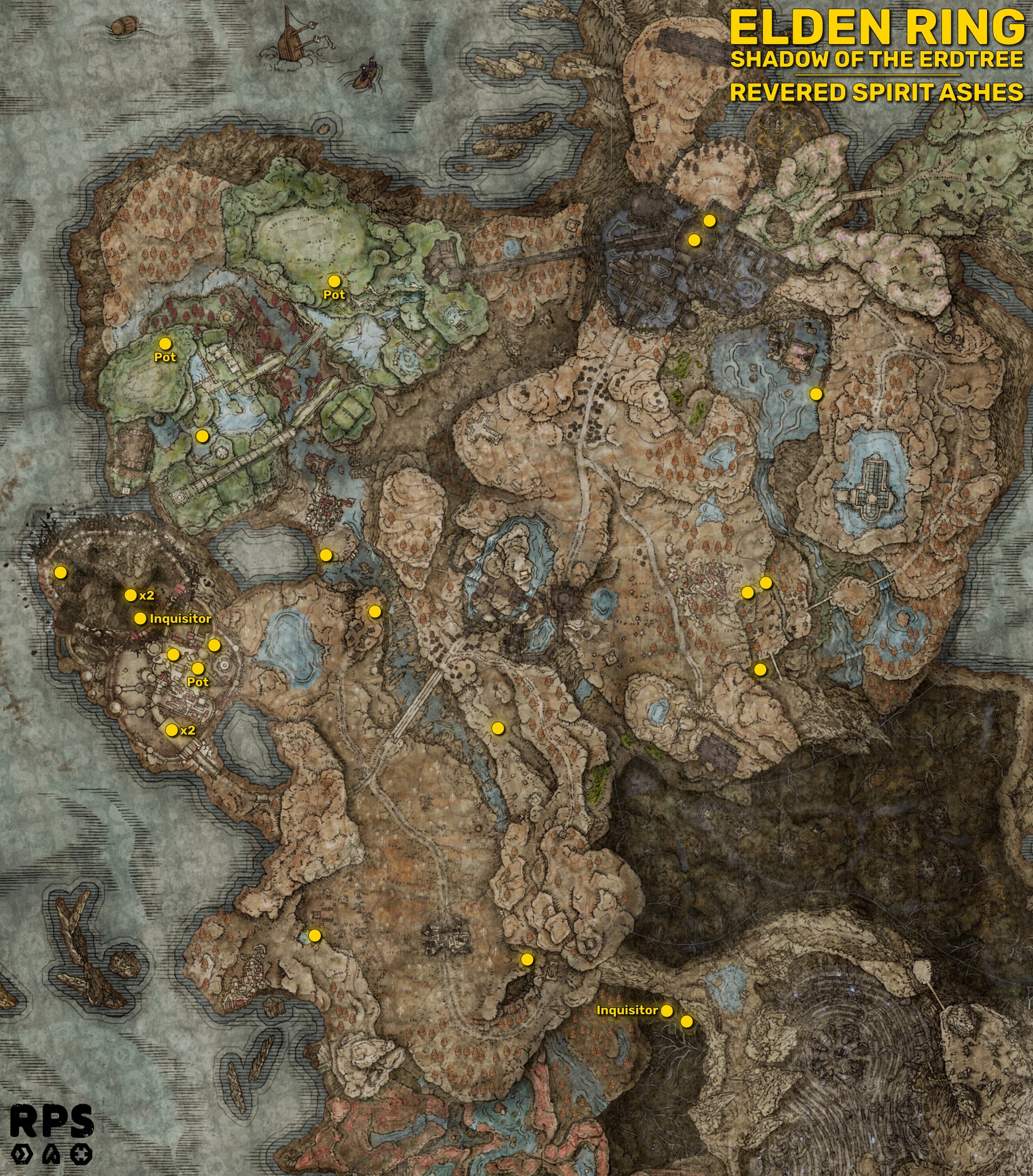 A full map of the Realm Of Shadow in Elden Ring: Shadow Of The Erdtree, with the locations of all 25 Revered Spirit Ashes marked with yellow circles. - 3