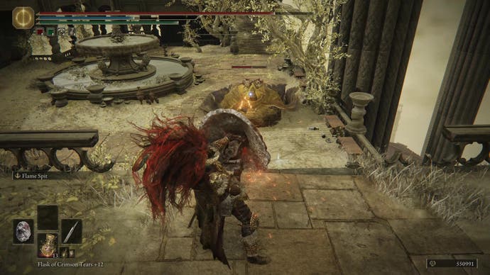 A warrior battles a large priest monster to obtain a Revered Spirit Ash in Enir Ilim in Elden Ring Shadow of the Erdtree.