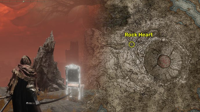 Elden Ring: Shadow Of The Erdtree map image showing where to get the Rock Heart item in-game.