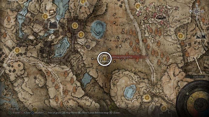A map screen from Shadow of the Erdtree showing the location of the Ruined Forge of Starfall Past.