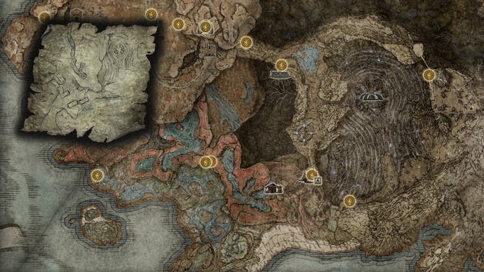 A map screen from Shadow of the Erdtree, with the Ruins Map (1st) on top, showing its location on the main map screen.