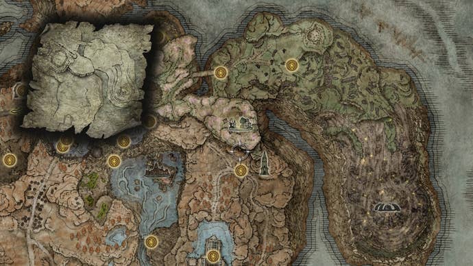 A map screen from Shadow of the Erdtree, with the Ruins Map (2nd) on top, showing its location on the main map screen.