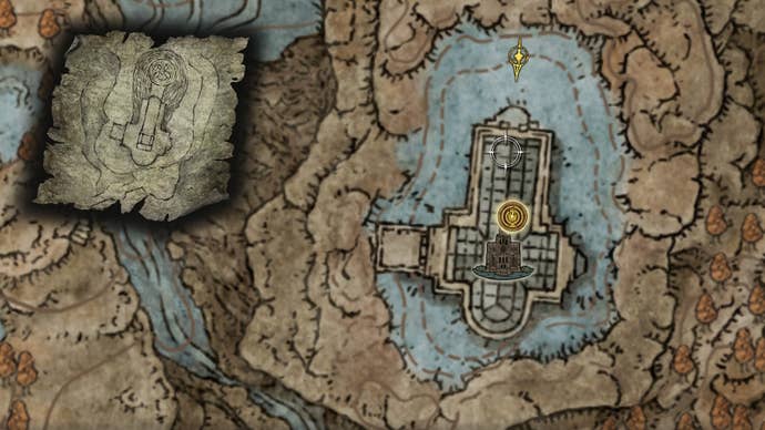 A map screen from Shadow of the Erdtree, with the Ruins Map (3rd) on top, showing its location on the main map screen.