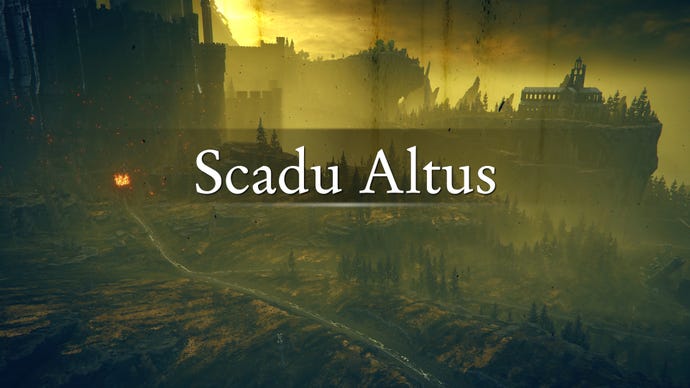 An establishing shot of the region of Scadu Altus in Elden Ring: Shadow Of The Erdtree, with the region's name emblazoned across the screenshot.