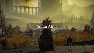 A warrior stands at the entrance to Scadu Atlus in Elden Ring Shadow of the Erdtree