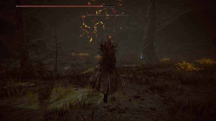 A warrior approaches a corpse in the Abyssal Woods that holds a Scadutree Fragment in Elden Ring Shadow of the Erdtree