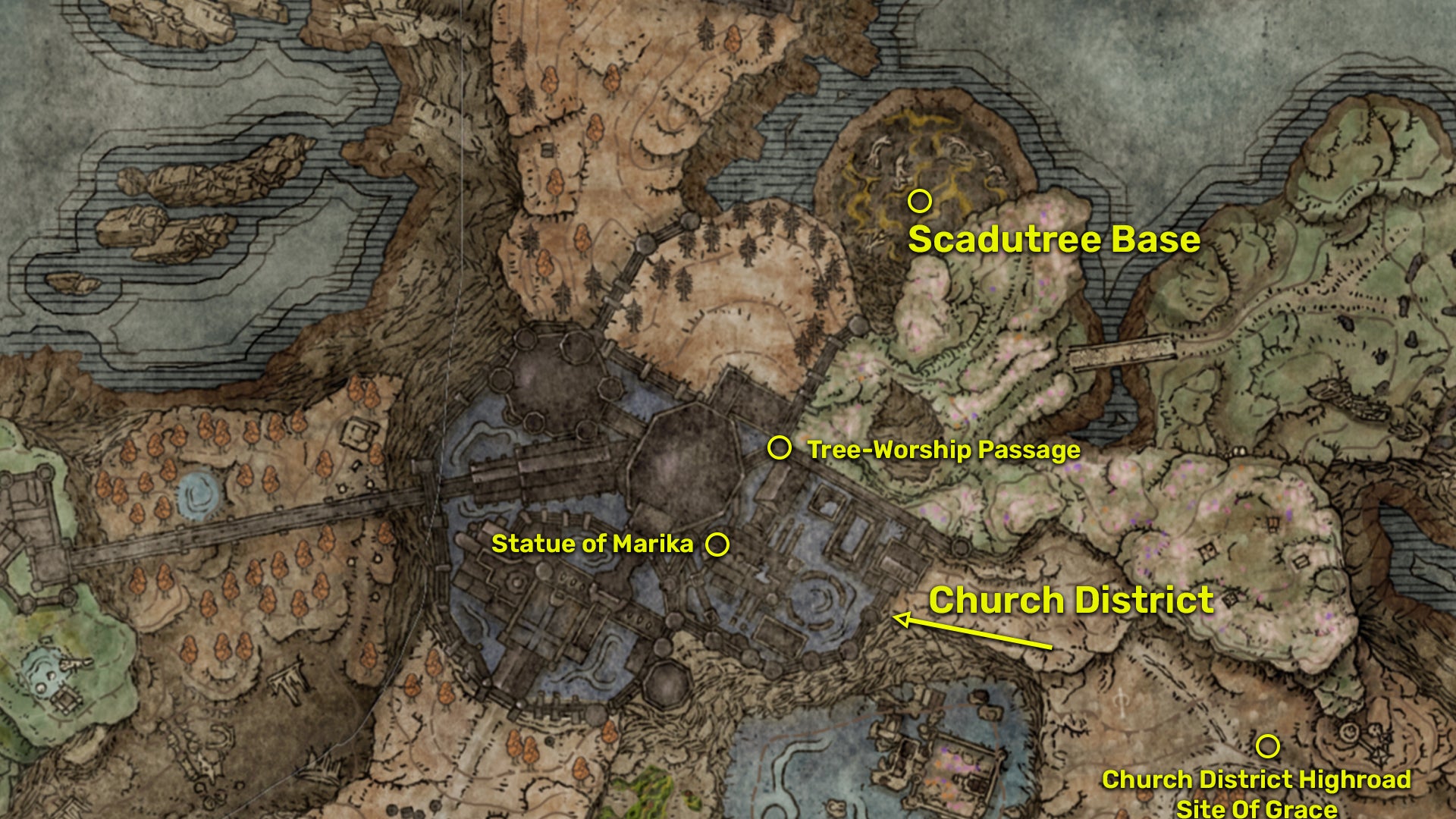 Elden Ring: Shadow Of The Erdtree map screenshot showing the route from the Church District to the Scadutree Base. - 3
