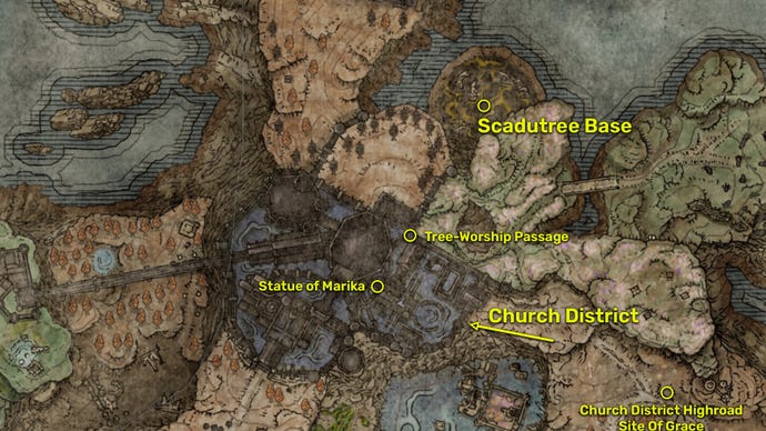 Captura de pantalla del mapa de Elden Ring: Shadow Of The Erdtree que muestra la ruta desde Church District hasta la base Scadutree.
