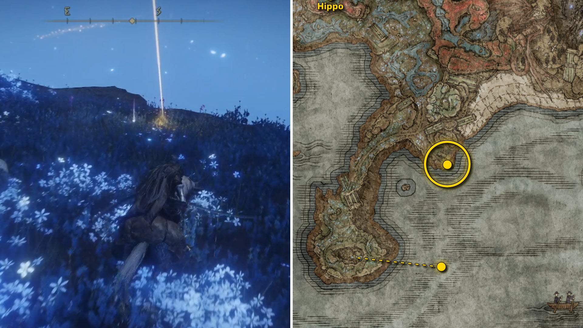 Two screenshots from Elden Ring: Shadow Of The Erdtree. Left: the player approaches a Scadutree Fragment. Right: the location of that Scadutree Fragment on the map. - 14