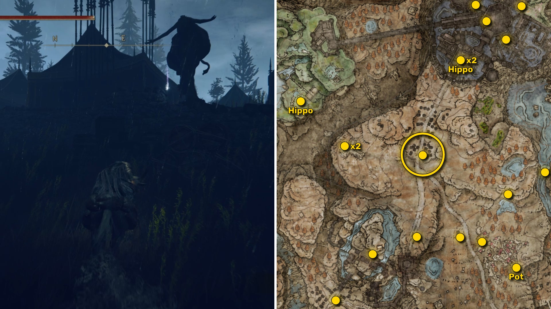 Two screenshots from Elden Ring: Shadow Of The Erdtree. Left: the player approaches a Scadutree Fragment. Right: the location of that Scadutree Fragment on the map. - 20