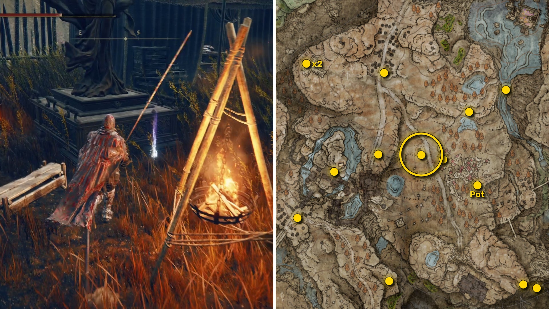 Two screenshots from Elden Ring: Shadow Of The Erdtree. Left: the player approaches a Scadutree Fragment. Right: the location of that Scadutree Fragment on the map. - 22