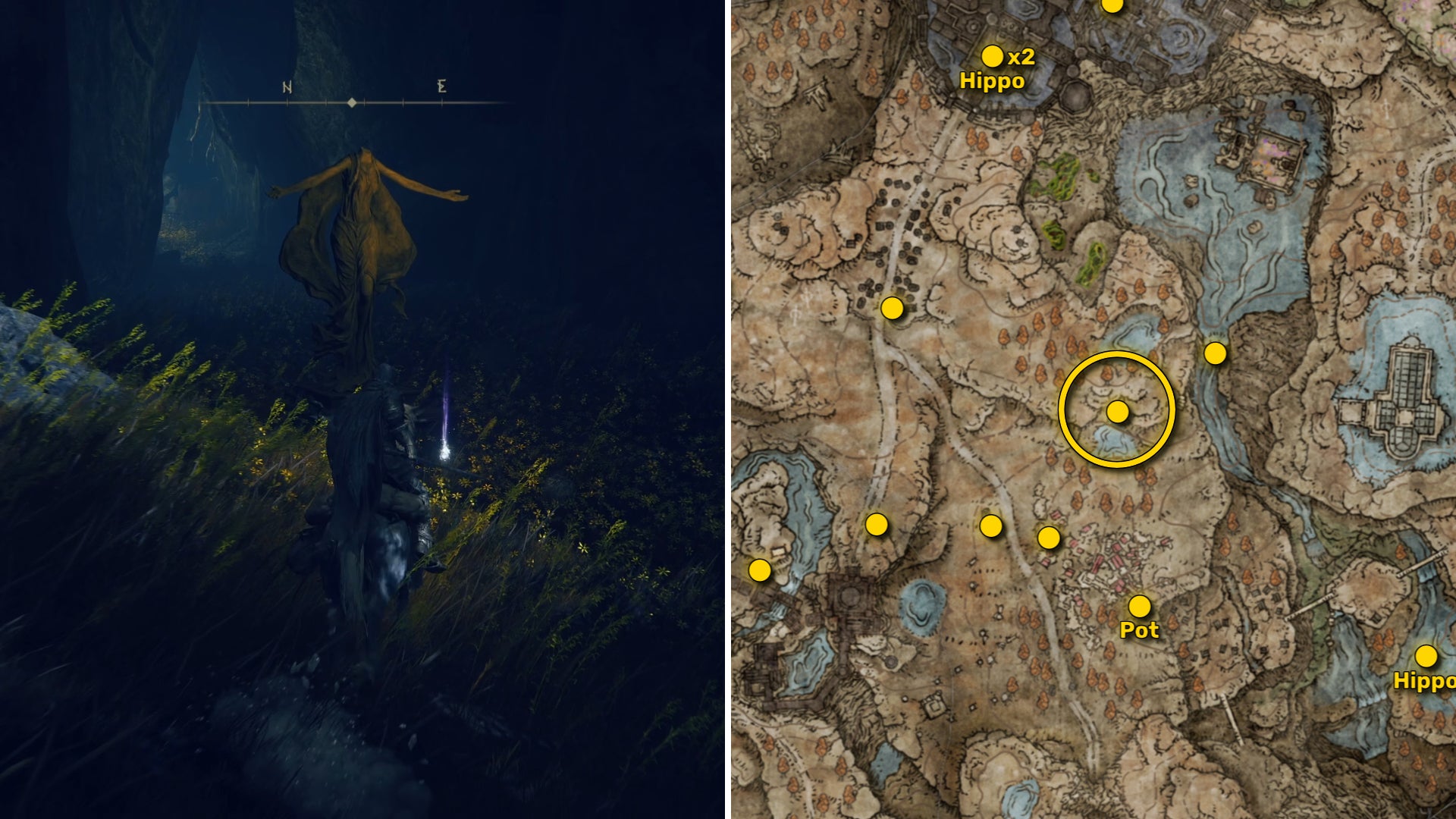Two screenshots from Elden Ring: Shadow Of The Erdtree. Left: the player approaches a Scadutree Fragment. Right: the location of that Scadutree Fragment on the map. - 24