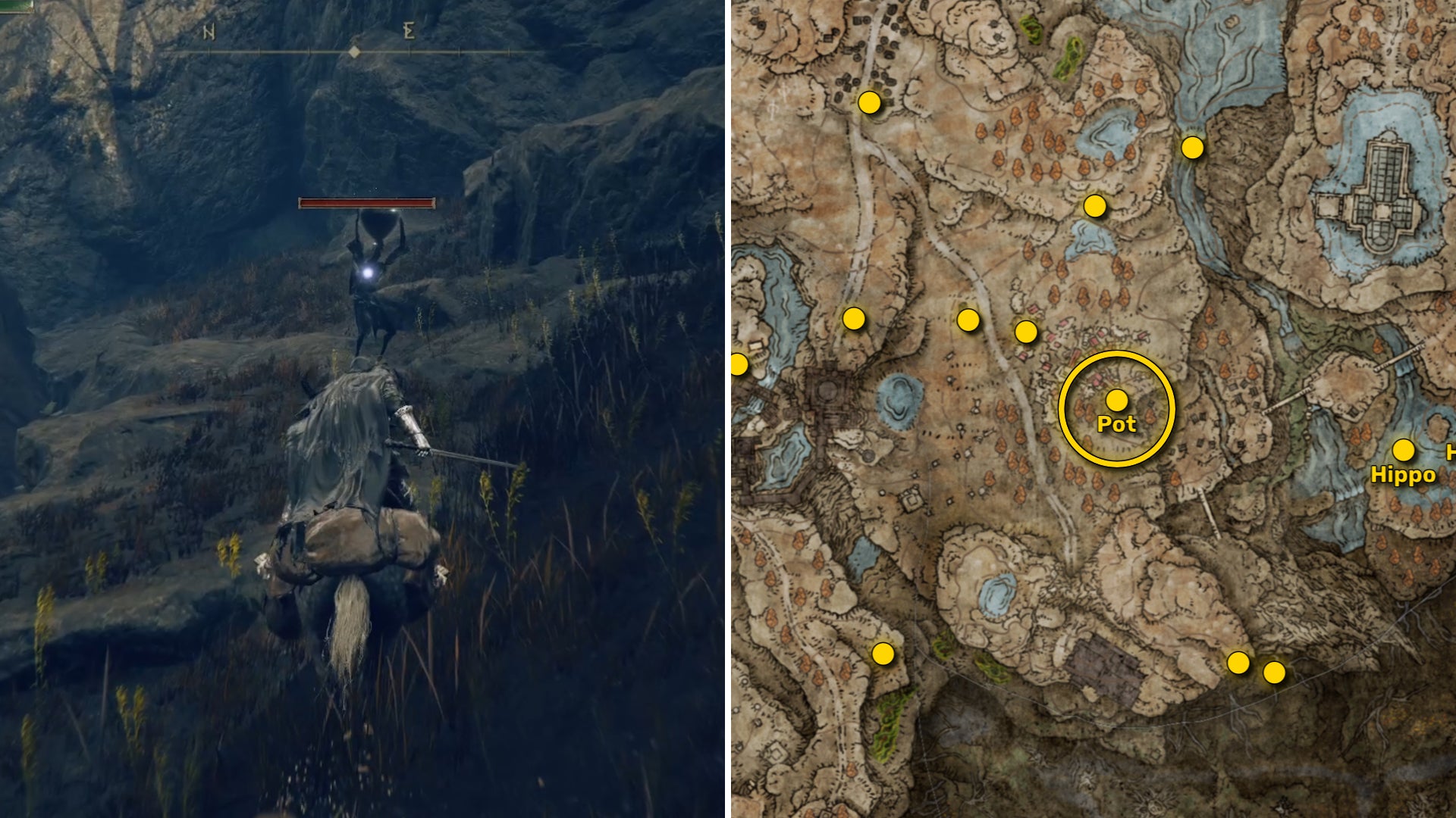 Two screenshots from Elden Ring: Shadow Of The Erdtree. Left: the player approaches a Scadutree Fragment. Right: the location of that Scadutree Fragment on the map. - 25