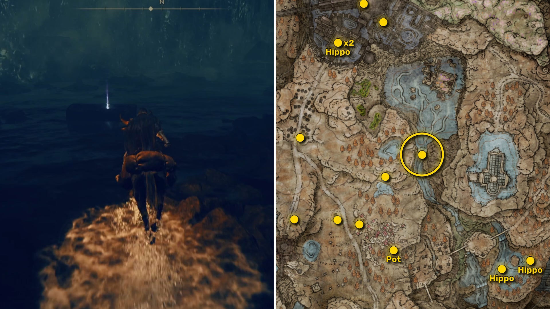 Two screenshots from Elden Ring: Shadow Of The Erdtree. Left: the player approaches a Scadutree Fragment. Right: the location of that Scadutree Fragment on the map. - 27