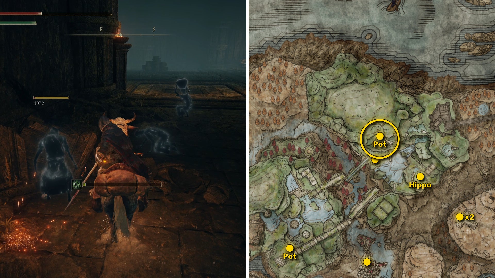 Two screenshots from Elden Ring: Shadow Of The Erdtree. Left: the player approaches a Scadutree Fragment. Right: the location of that Scadutree Fragment on the map. - 31