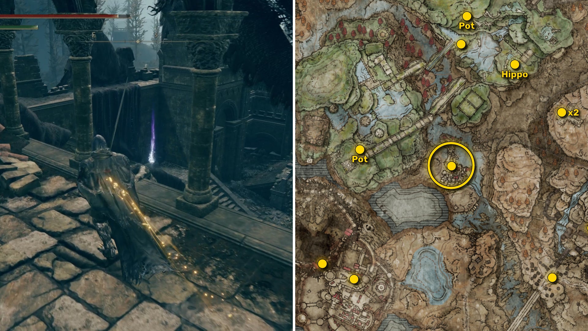 Two screenshots from Elden Ring: Shadow Of The Erdtree. Left: the player approaches a Scadutree Fragment. Right: the location of that Scadutree Fragment on the map. - 34