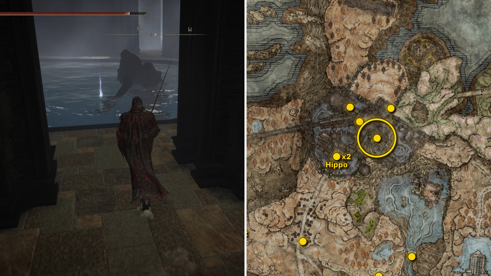 Two screenshots from Elden Ring: Shadow Of The Erdtree. Left: the player approaches a Scadutree Fragment. Right: the location of that Scadutree Fragment on the map. - 37