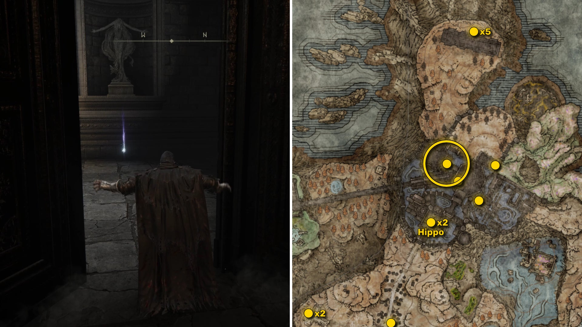 Two screenshots from Elden Ring: Shadow Of The Erdtree. Left: the player approaches a Scadutree Fragment. Right: the location of that Scadutree Fragment on the map. - 38