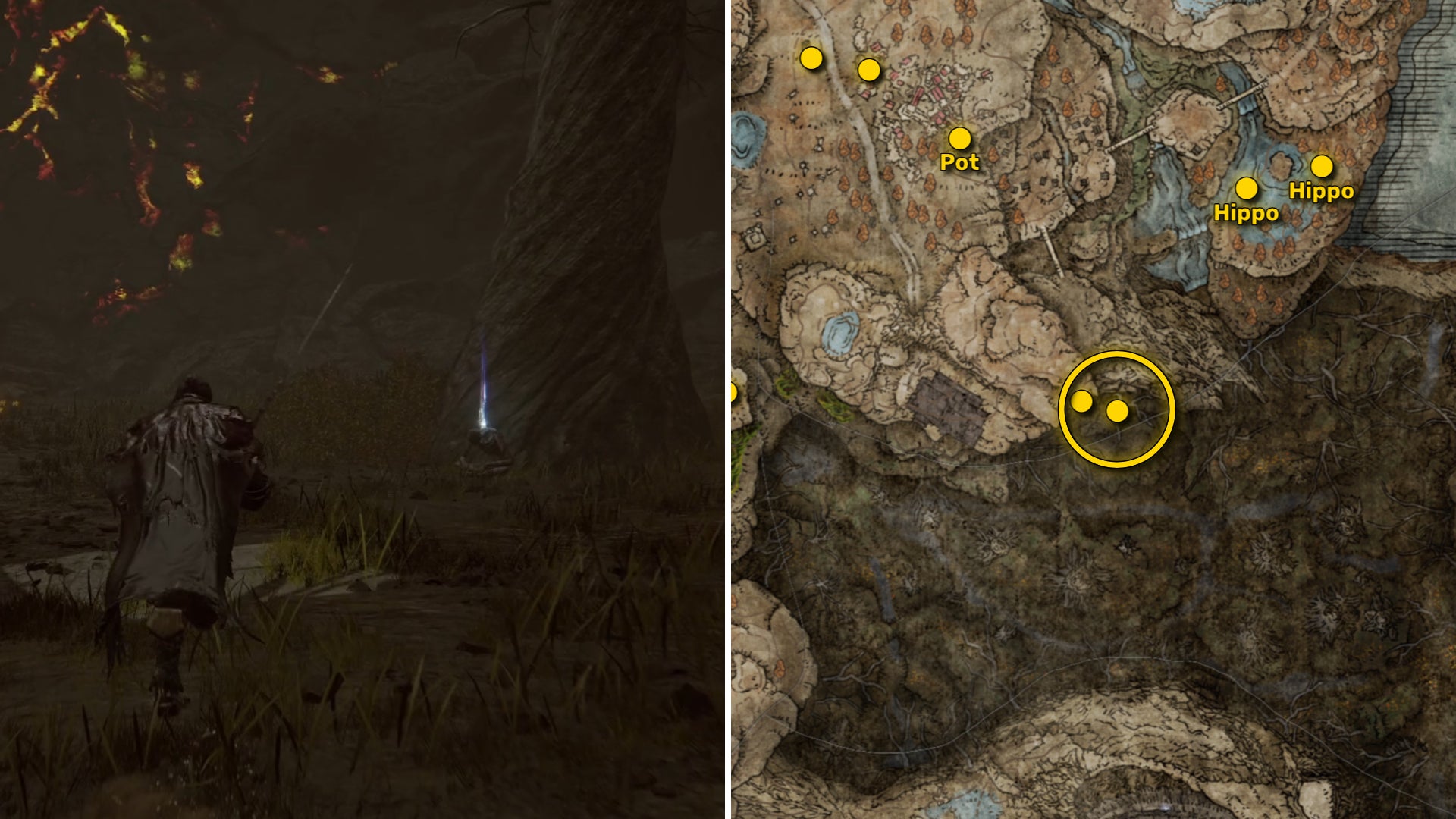Two screenshots from Elden Ring: Shadow Of The Erdtree. Left: the player approaches a Scadutree Fragment. Right: the location of that Scadutree Fragment on the map. - 42