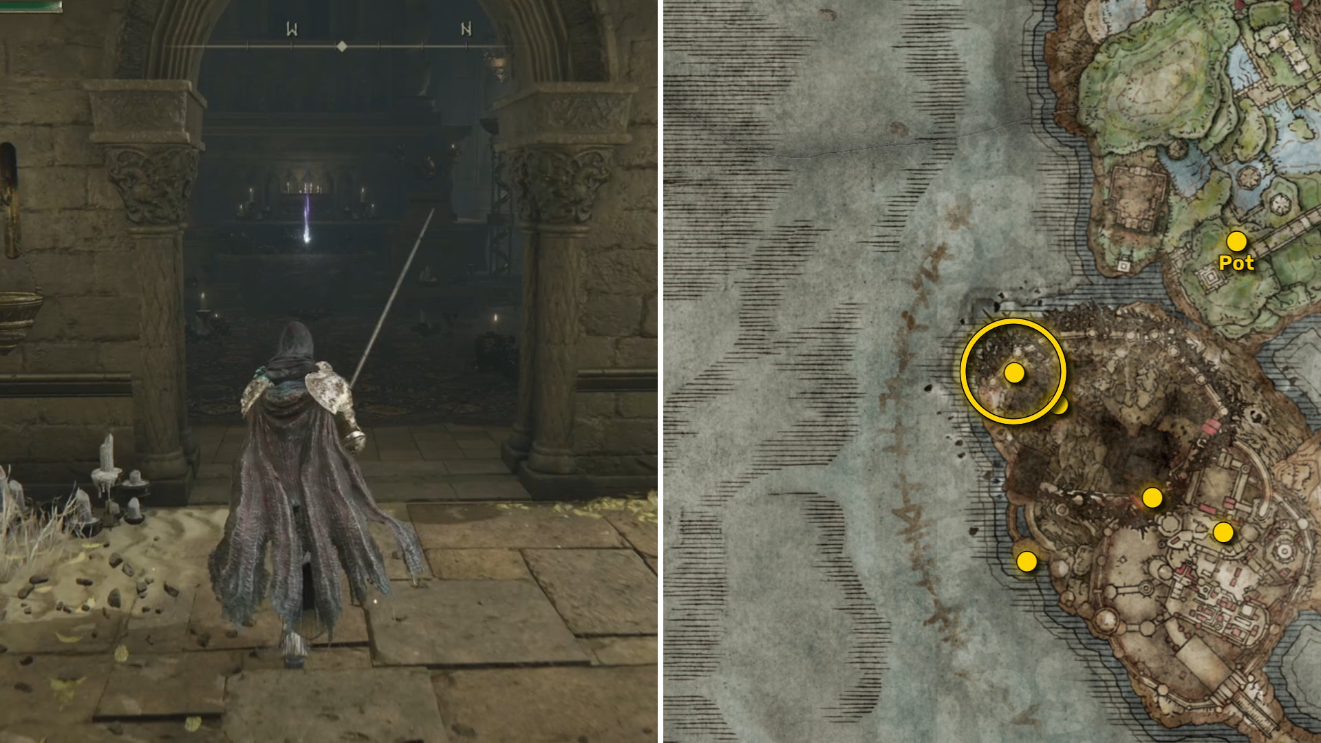 Two screenshots from Elden Ring: Shadow Of The Erdtree. Left: the player approaches a Scadutree Fragment. Right: the location of that Scadutree Fragment on the map. - 45