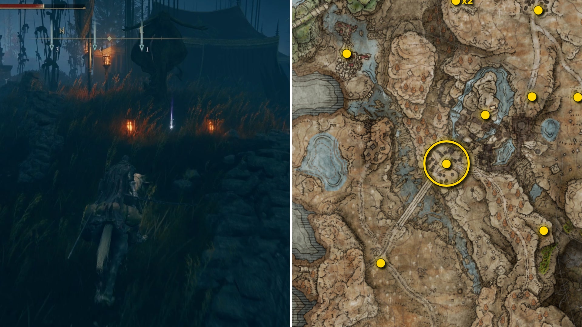 Two screenshots from Elden Ring: Shadow Of The Erdtree. Left: the player approaches a Scadutree Fragment. Right: the location of that Scadutree Fragment on the map. - 10