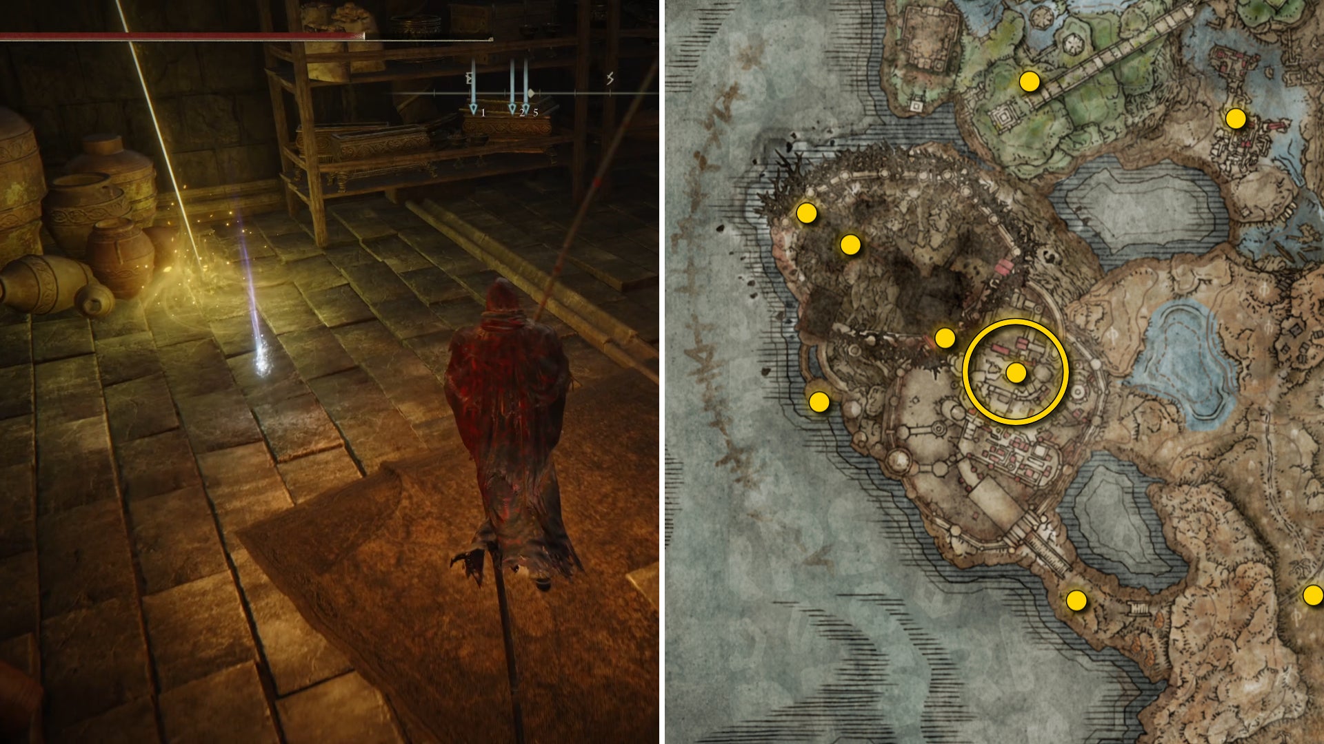 Two screenshots from Elden Ring: Shadow Of The Erdtree. Left: the player approaches a Scadutree Fragment. Right: the location of that Scadutree Fragment on the map. - 12