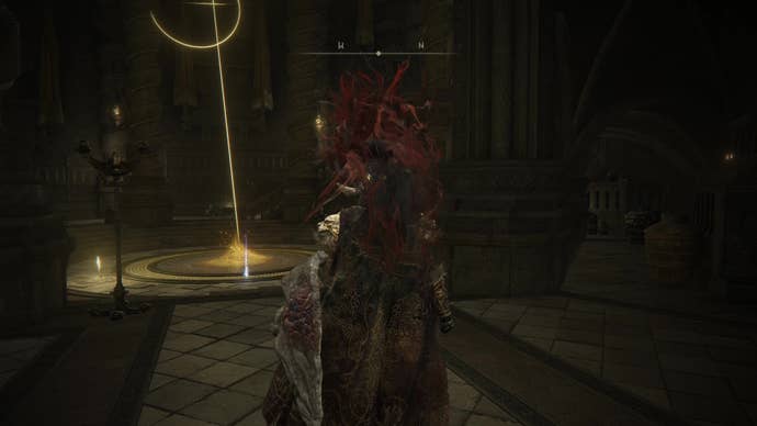 A warrior approaches a Miquella’s Cross and Scadutree Fragment in Enir Ilim’s Spiral Rise in Elden Ring Shadow of the Erdtree.