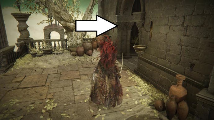 A warrior approaches a small tower room in Enir Ilim to claim a Scadutree Fragment, the entrance to which is highlighted by a white arrow, in Elden Ring Shadow of the Erdtree.