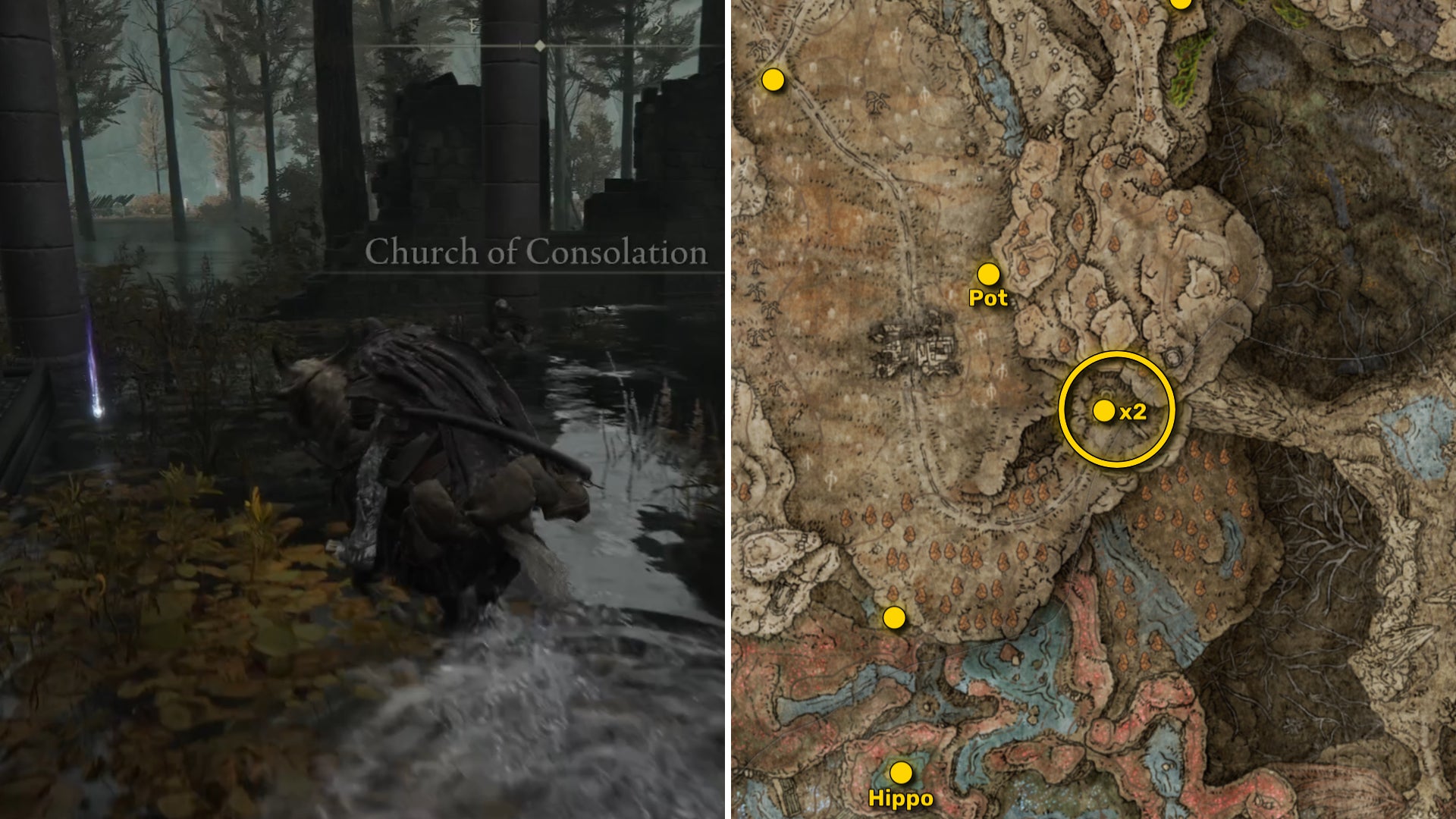 Two screenshots from Elden Ring: Shadow Of The Erdtree. Left: the player approaches a Scadutree Fragment. Right: the location of that Scadutree Fragment on the map. - 7