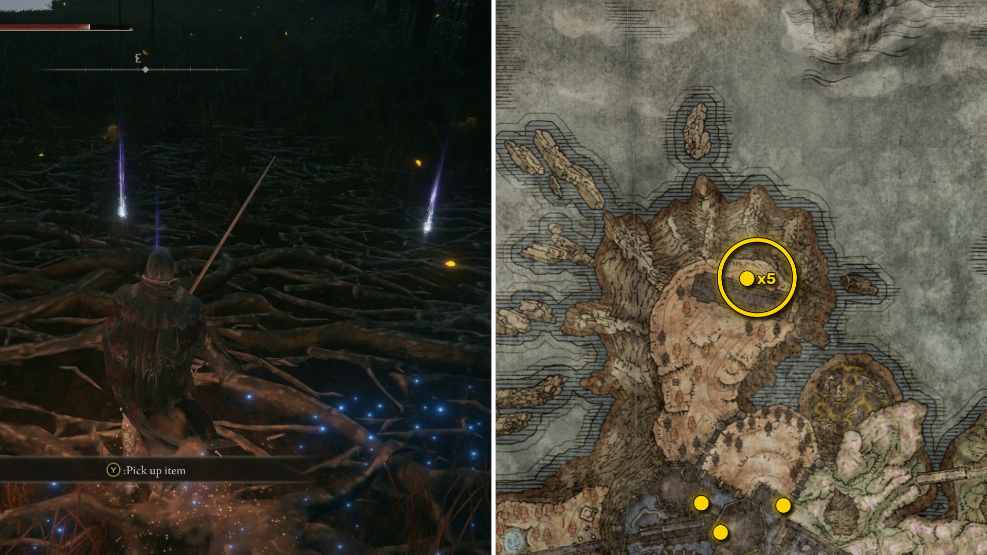 Two screenshots from Elden Ring: Shadow Of The Erdtree. Left: the player approaches a Scadutree Fragment. Right: the location of that Scadutree Fragment on the map. - 40