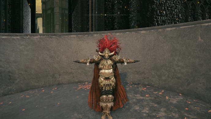 Elden Ring Shadow of the Erdtree screenshot showing armoured character inside stone chalice t-posing