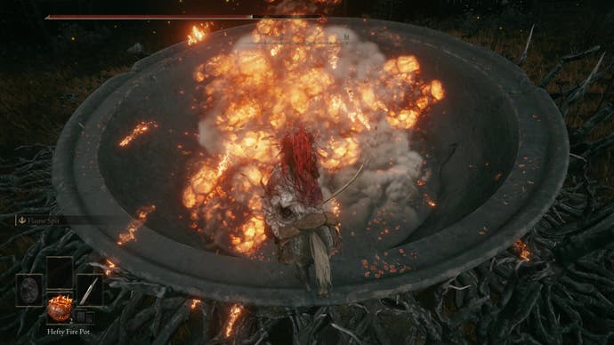 Elden Ring Shadow of the Erdtree screenshot showing player character throwing fire pots into stone chalice