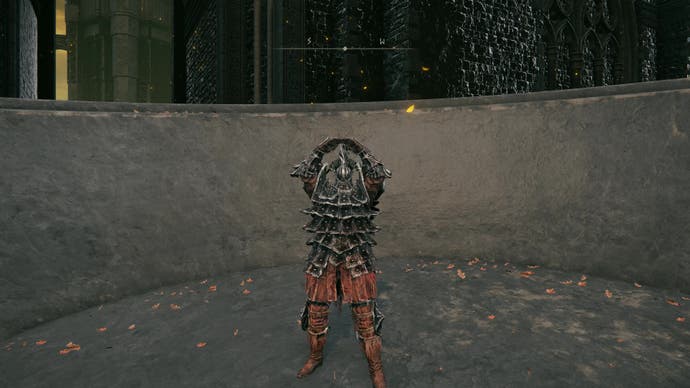 Elden Ring Shadow of the Erdtree screenshot showing armoured character posing inside stone chalice