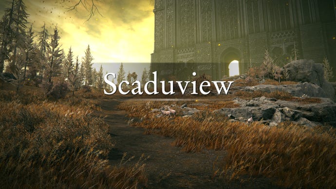 An establishing shot of the region of Scaduview in Elden Ring: Shadow Of The Erdtree, with the region's name emblazoned across the screenshot.