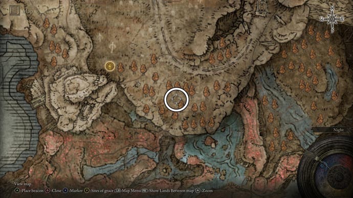 A map screen from Elden Ring's Shadow of the Erdtree expansion showing the location of the Beast Claw in Gravesite Plain.