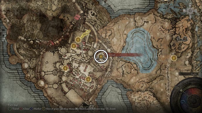 A map screen from Shadow of the Erdtree showing the location of Belurat Gaol.