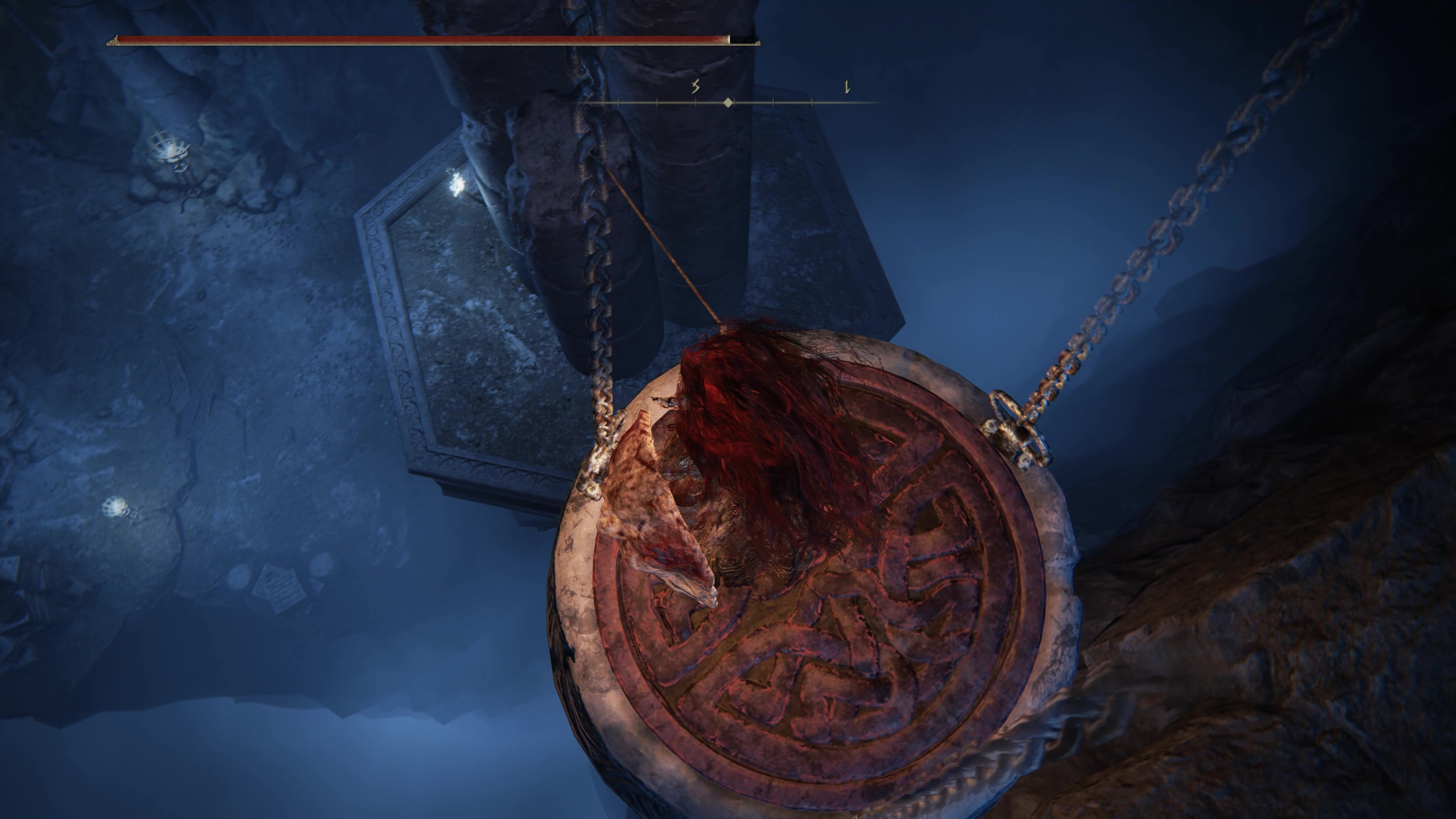 A warrior drops down to a platform from a giant jar in the Belurat Gaol in Shadow of the Erdtree.