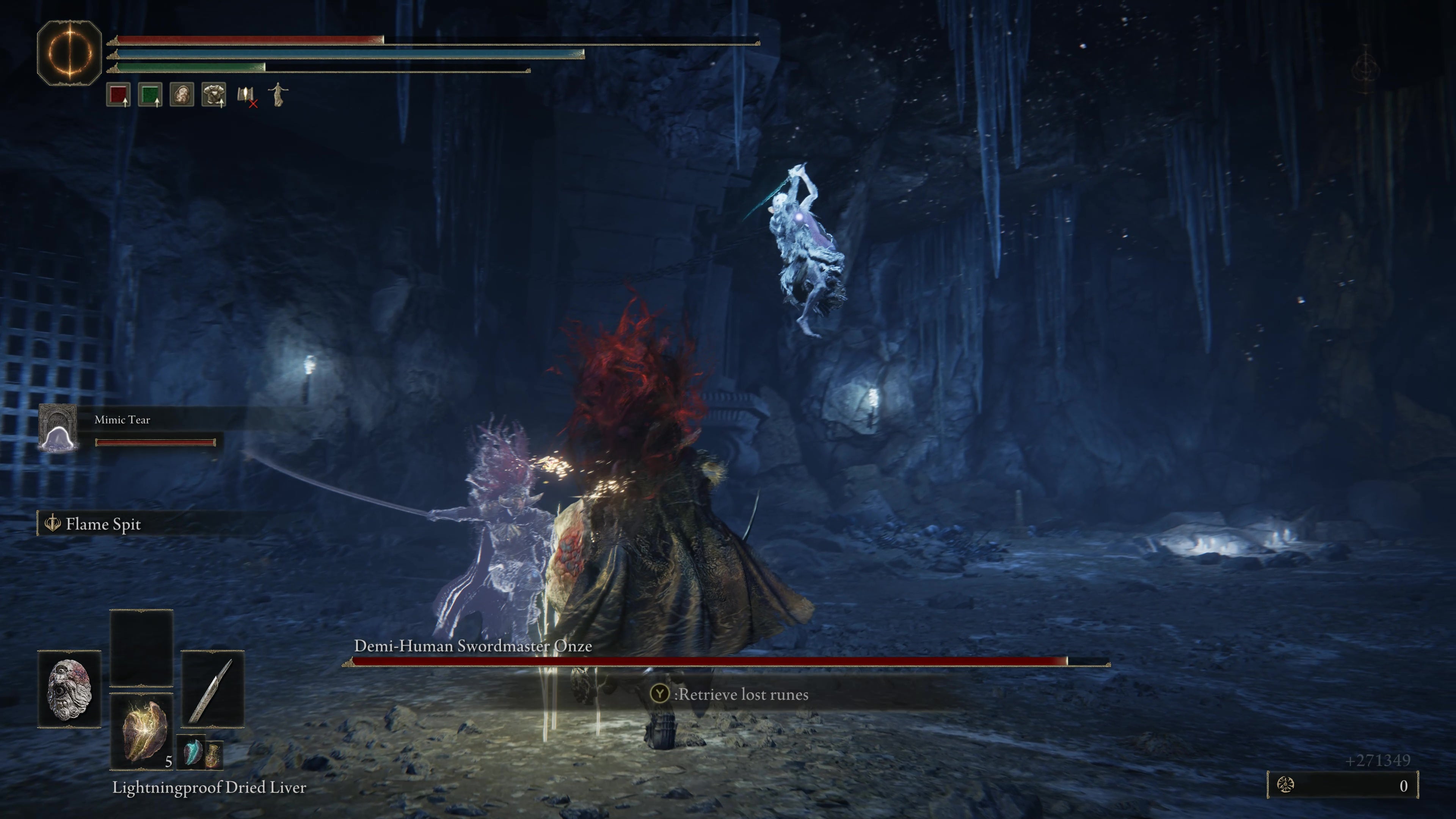 A warrior fights the Demi-Human Swordsmaster Onze as he flies through the air inside the Belurat Gaol in Shadow of the Erdtree.