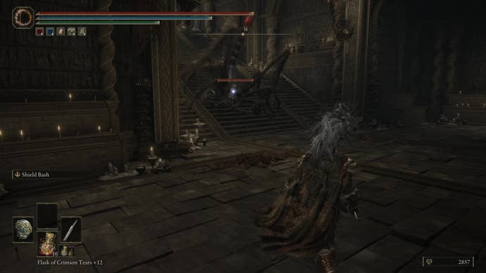 A warrior fights a giant scorpion on the approach to Belurat, Tower Settlement in Shadow of the Erdtree.