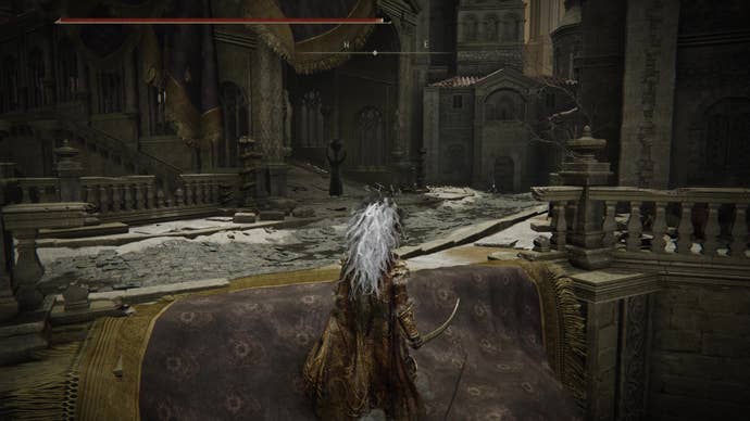 A warrior approaches a ghost creature holding a pot above their heads in Belurat, Tower Settlement in Shadow of the Erdtree