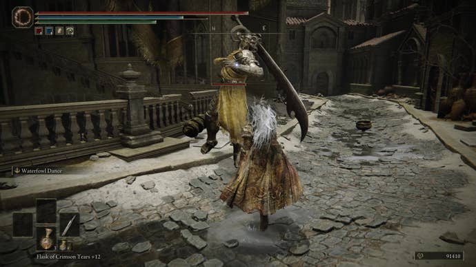 A warrior fights a larger warrior in Belurat, Tower Settlement in Shadow of the Erdtree