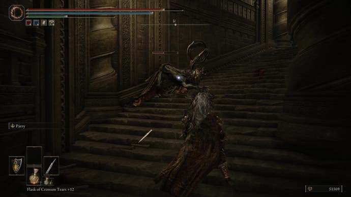 A warrior fights a Curseblade enemy on the stairs in Elden Ring Shadow of the Erdtree