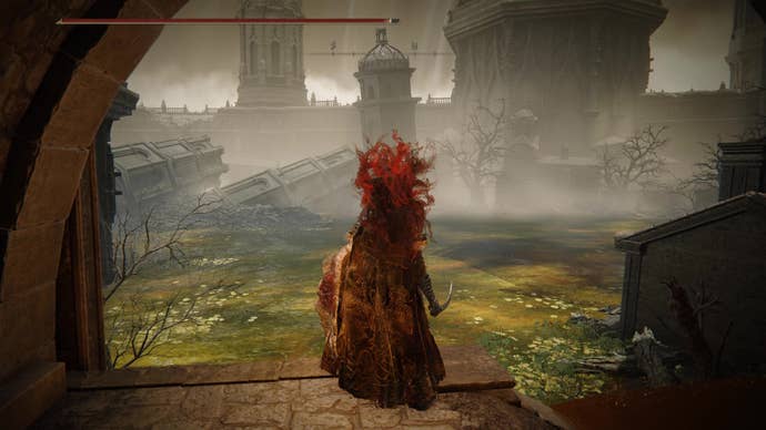 A warrior looks out over a large poison pool area in Belurat, Tower Settlement in Shadow of the Erdtree
