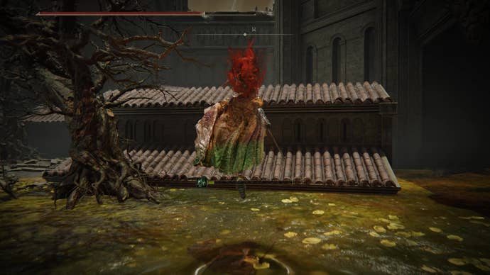 A warrior jumps towards a crumbled rooftop in Belurat, Tower Settlement in Shadow of the Erdtree