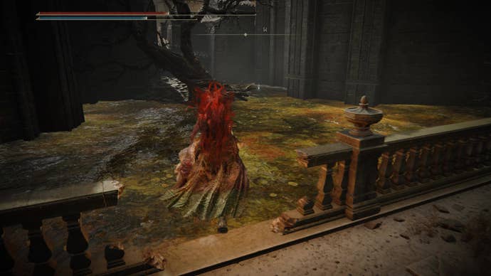 A warrior jumps into a poison bog in Belurat, Tower Settlement in Shadow of the Erdtree