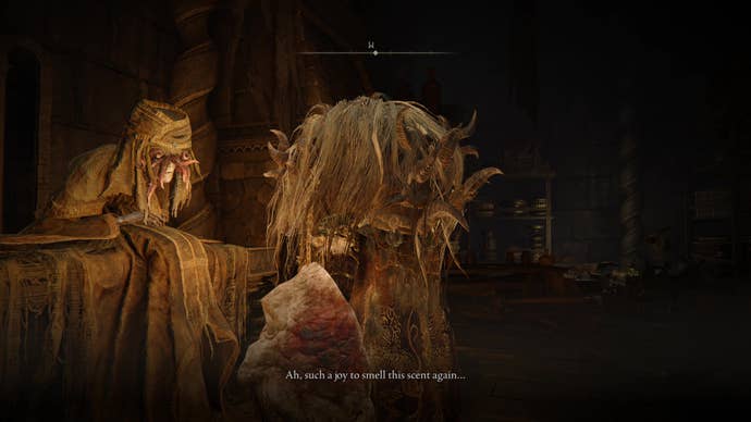 A warrior in a lion head mask speaks to an old woman called Hornsent Grandam in Belurat, Tower Settlement in Shadow of the Erdtree